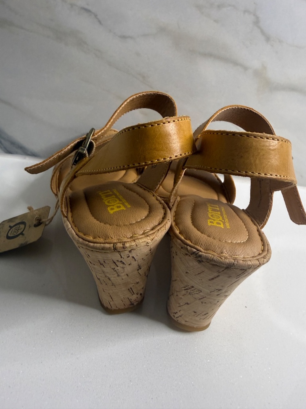 Børn Leather Cork Wedge Sandals Tan Ankle Strap Comfort Heels NWT Size 9 - Picture 13 of 16